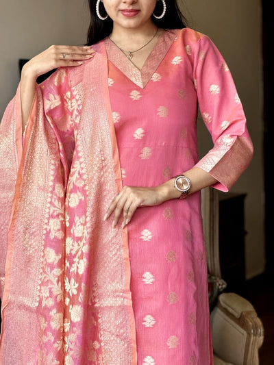 Pink Kurti Set in Banarasi Silk