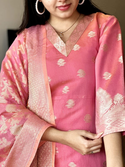 Pink Kurti Set in Banarasi Silk