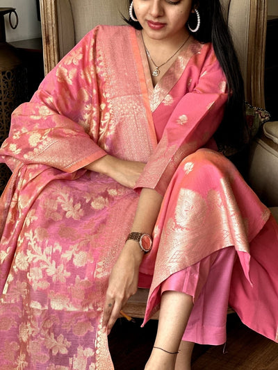 Pink Kurti Set in Banarasi Silk