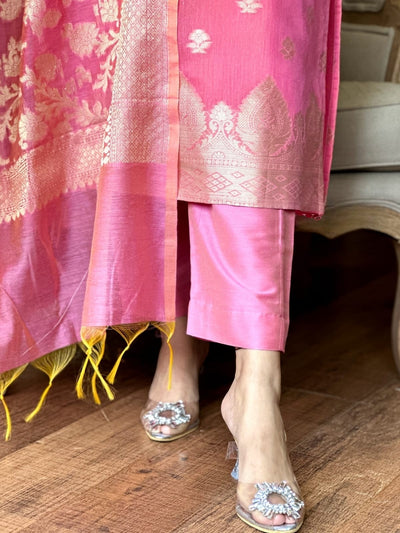 Pink Kurti Set in Banarasi Silk