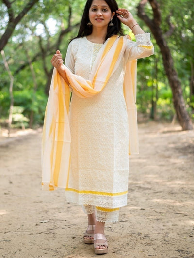 Cream Pure Cotton Kurta Set with Chikankari Work