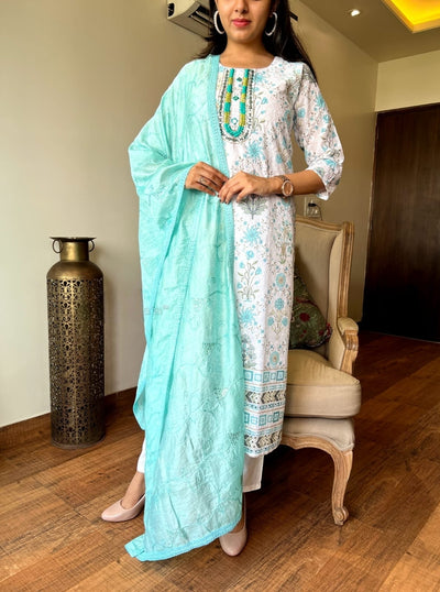 Pastel Blue Cotton Kurta Set with Chikankari Work