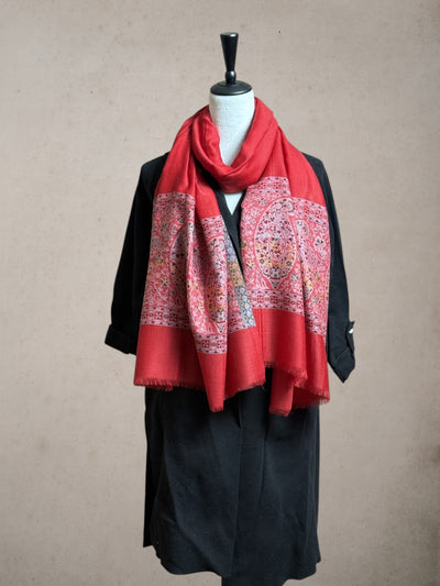 Authentic Kashmiri Pashmina Kani Pala Stole – Luxury Pure Cashmere Winter Wrap – Handwoven Soft Scarf 70cm x 200cm in Red Color