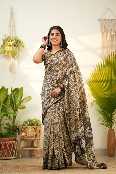 Beige Pure Chanderi Silk Cotton Saree with Traditional Floral Prints