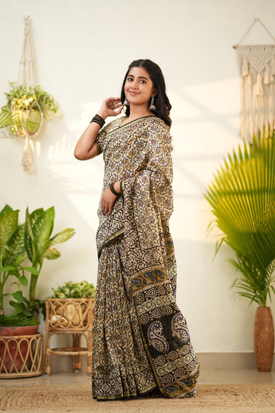 Beige Pure Chanderi Silk Cotton Saree with Traditional Floral Prints