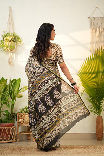 Beige Pure Chanderi Silk Cotton Saree with Traditional Floral Prints