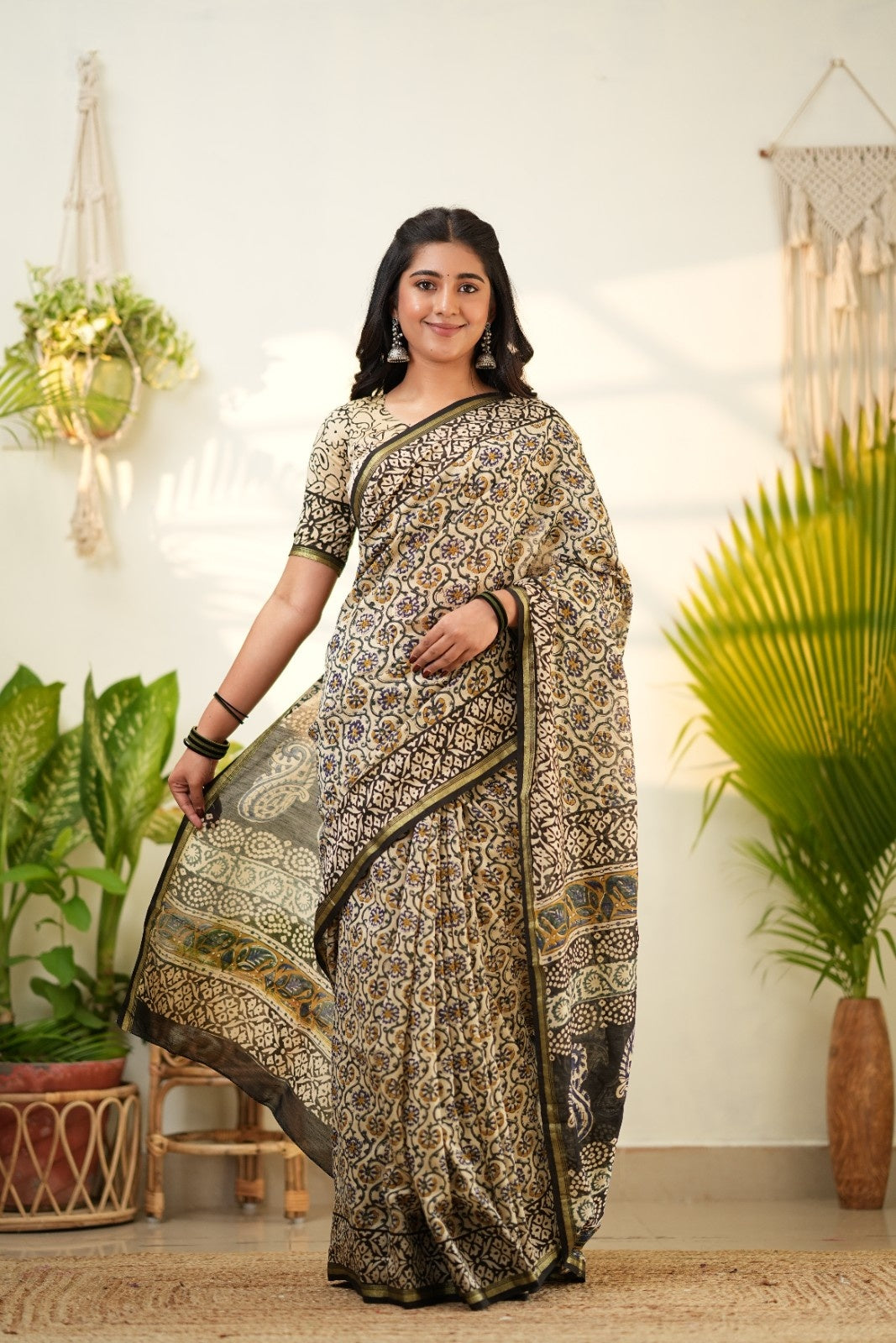 Beige Pure Chanderi Silk Cotton Saree with Traditional Floral Prints