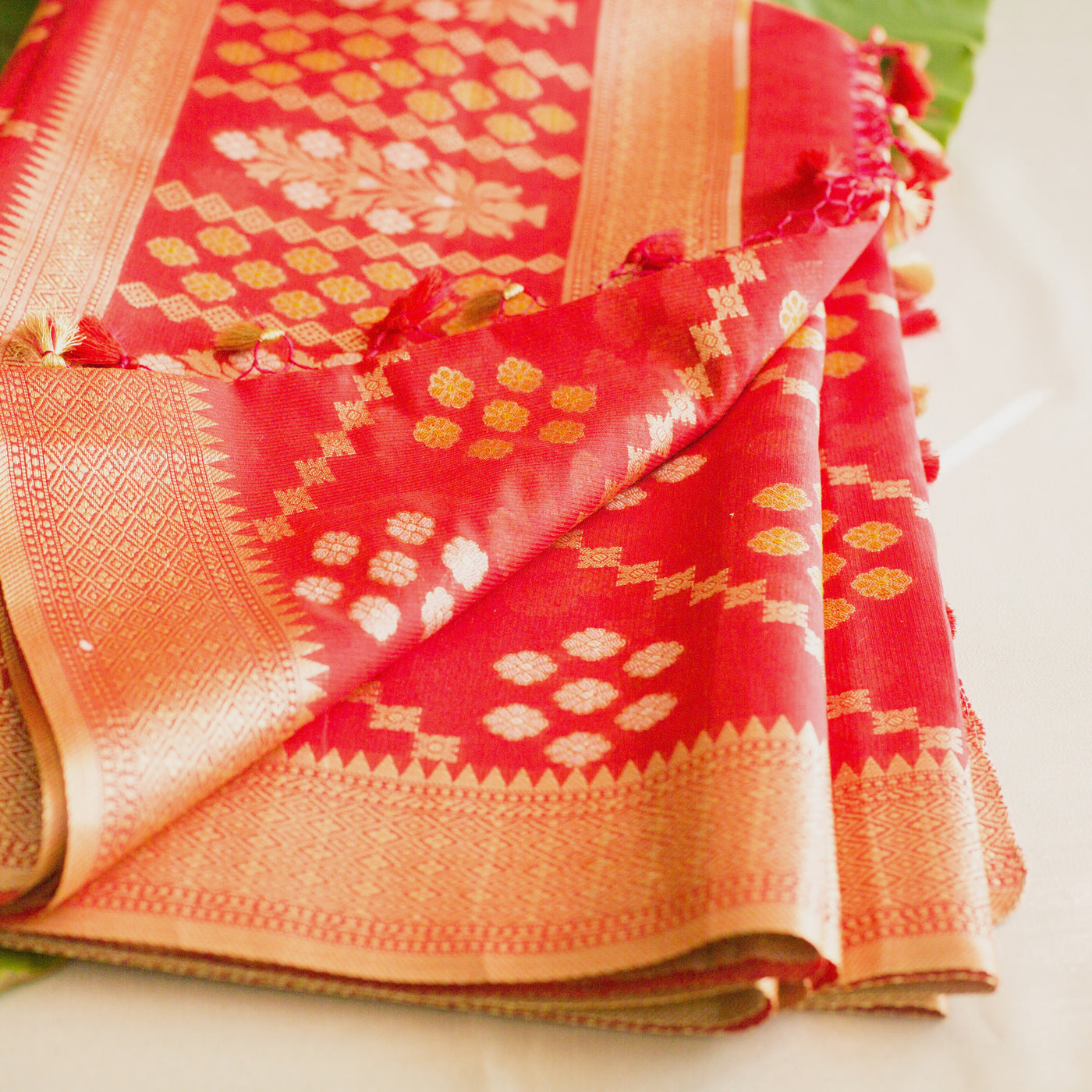 Vibrant Red Zari Kota Sari with Sona Rupa Weaving