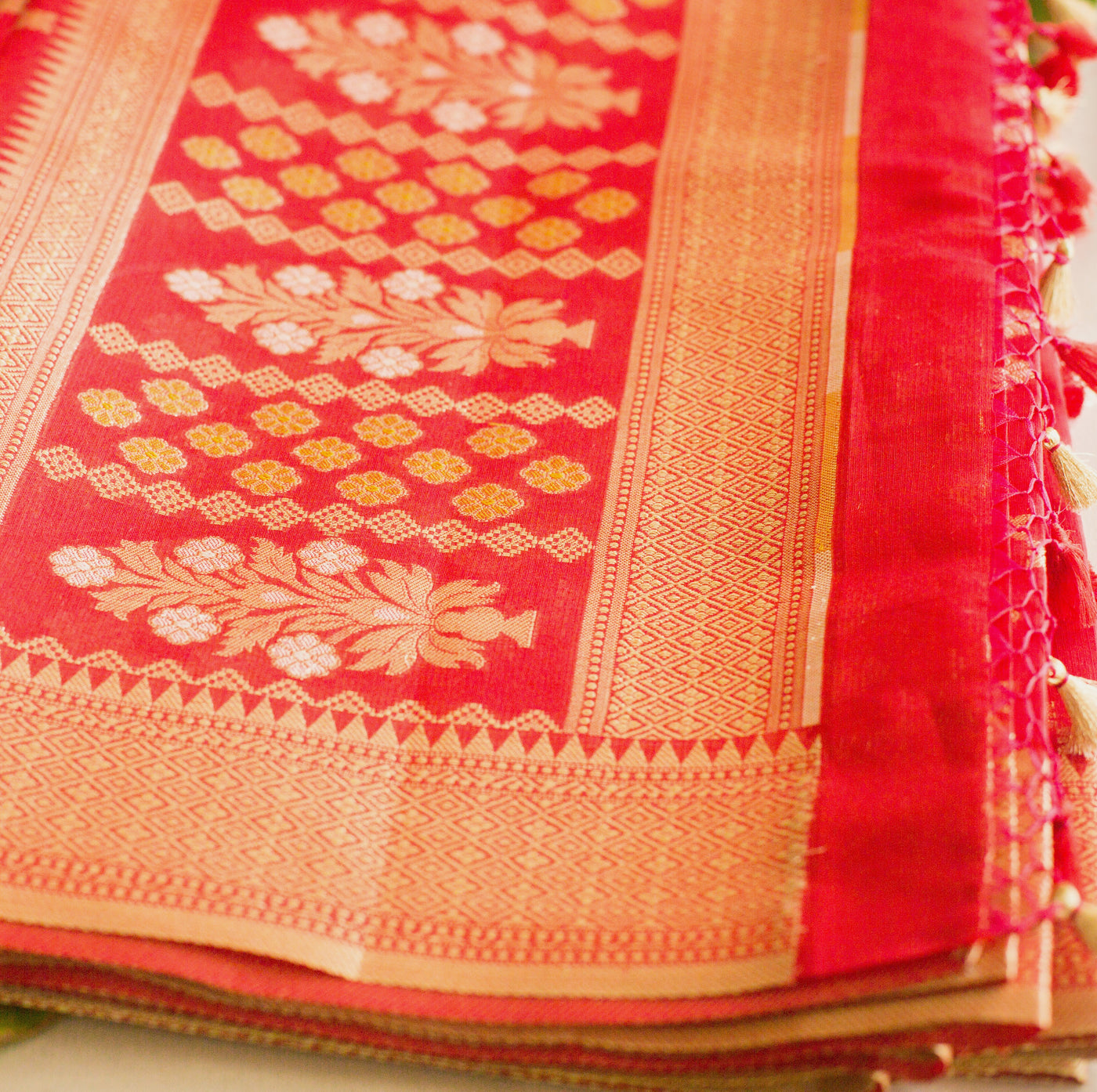 Vibrant Red Zari Kota Sari with Sona Rupa Weaving