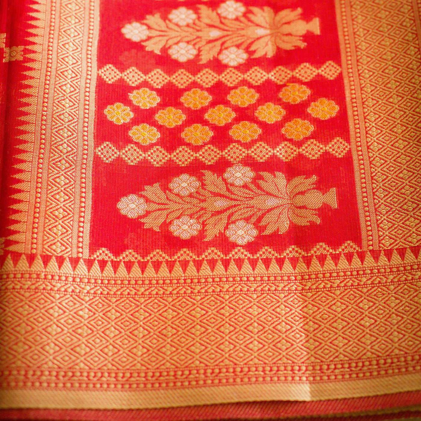 Vibrant Red Zari Kota Sari with Sona Rupa Weaving