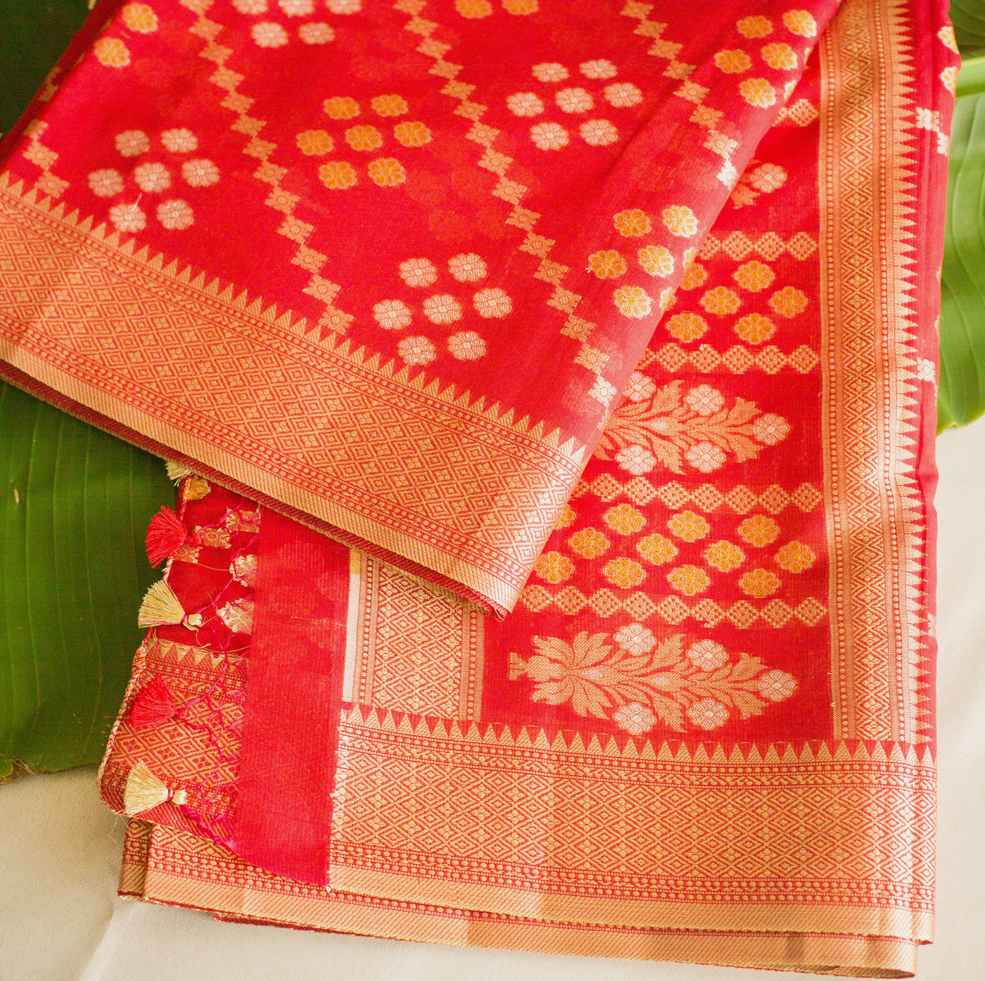 Vibrant Red Zari Kota Sari with Sona Rupa Weaving