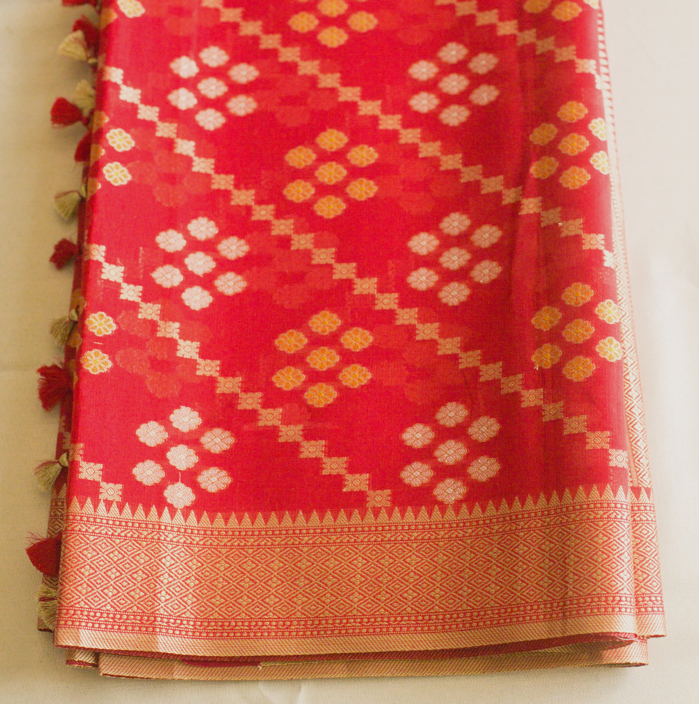 Vibrant Red Zari Kota Sari with Sona Rupa Weaving