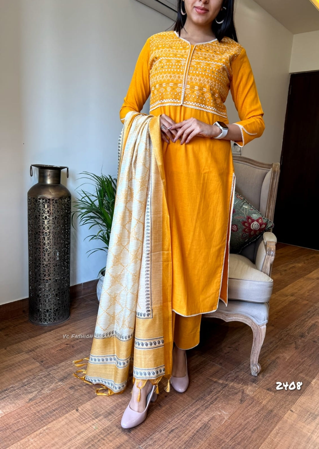 Cotton Slub Yellow Suit | Lightweight Indian Suit | Elegant Yellow Outfit | Summer Wear