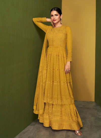 Chic Mustard Yellow Color Georgette Designer Party Wear Palazzo Salwar Suit