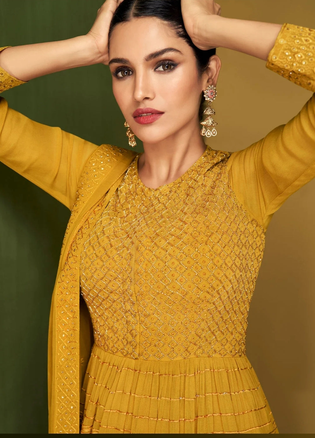 Chic Mustard Yellow Color Georgette Designer Party Wear Palazzo Salwar Suit