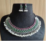 Oxidized Silver Plated Brass Necklace and Earrings Set (Pearl)