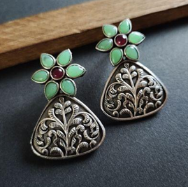 Oxidized Silver Plated Floral Leaf Earrings