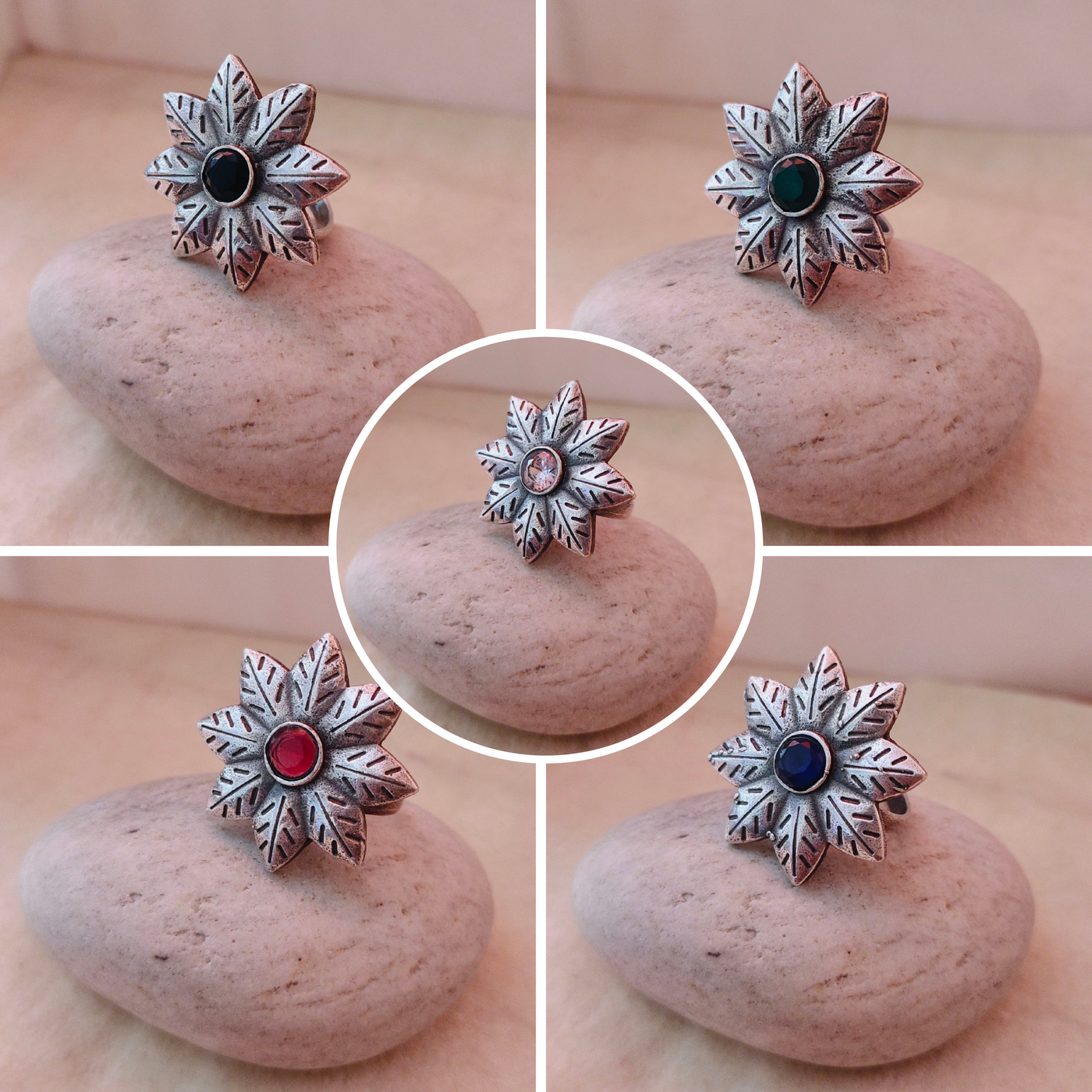 Floral Oxidized Silver look alike Ring with Stones