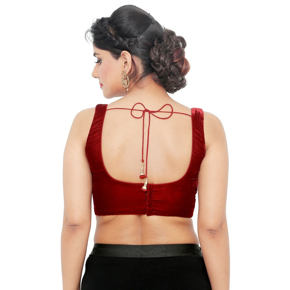 Premium Velvet Sleeveless Blouse with Deep Round Neckline – Elegant Readymade Blouse for Women