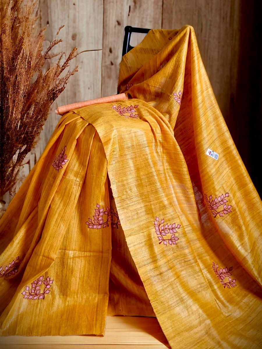 Pure Handwoven Ghicha Tussar Silk Saree in Turmeric Yellow with Embroidery