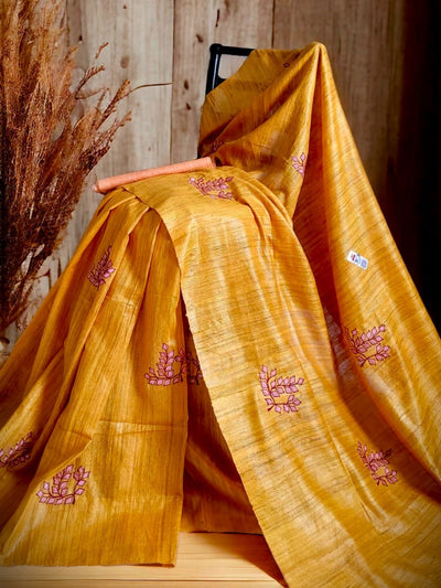 Pure Handwoven Ghicha Tussar Silk Saree in Turmeric Yellow with Embroidery