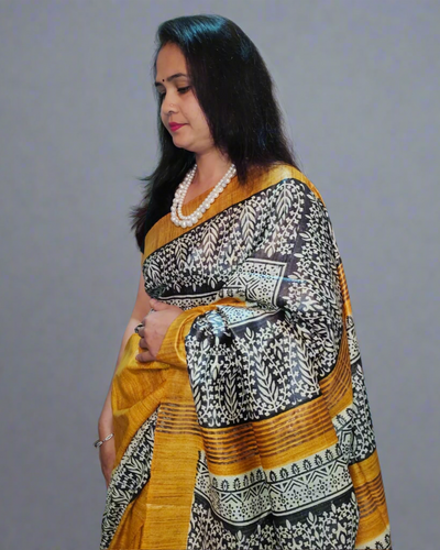 Mustard Pure Tussar Ghicha Silk Saree – Handcrafted Elegance in Mustard & Black Block Print