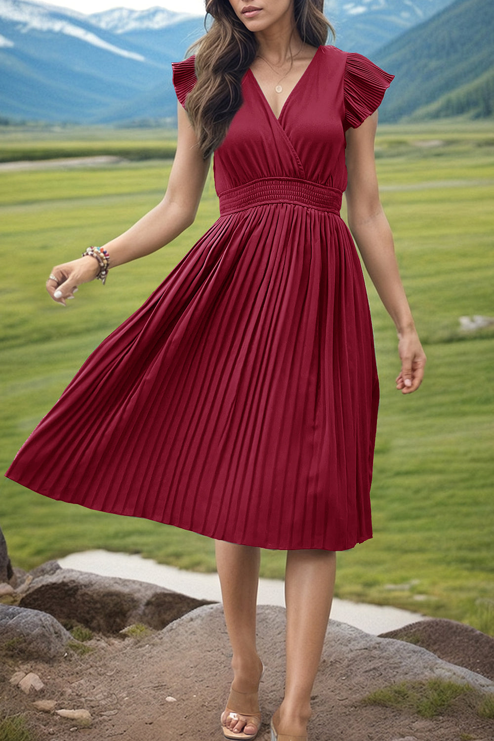 Perfee Tied Smocked Waist Flutter Sleeve Dress