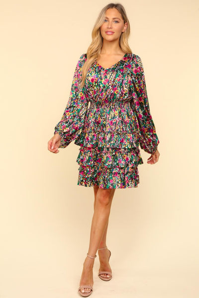 V-Neck Satin Floral Layered Dress