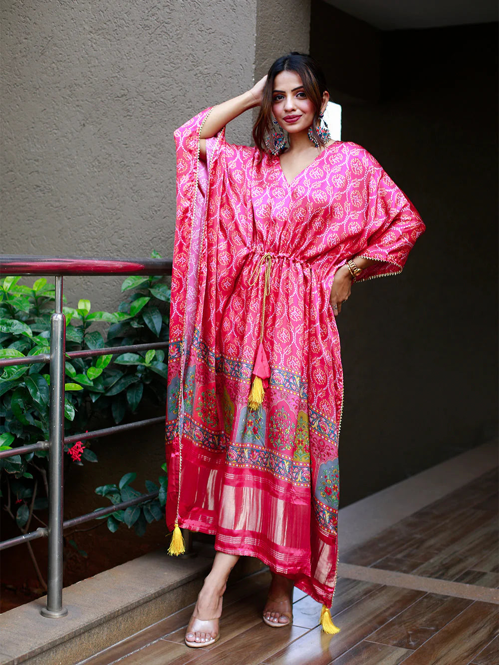 Pink Digital Bandhej Print Pure Gaji Silk Readymade Kaftan