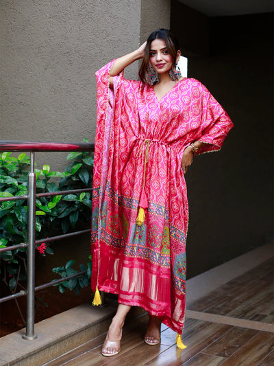 Pink Digital Bandhej Print Pure Gaji Silk Readymade Kaftan
