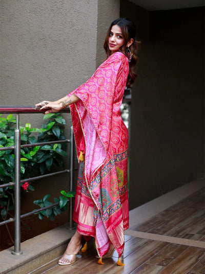 Pink Digital Bandhej Print Pure Gaji Silk Readymade Kaftan