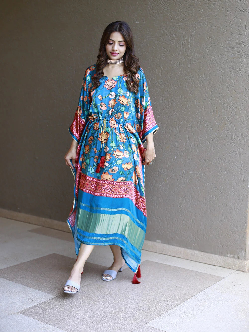 Mughal-Inspired Digital Floral Print Pure Gaji Silk Teal Blue Kaftan with Bandhej Accents & Zari Border