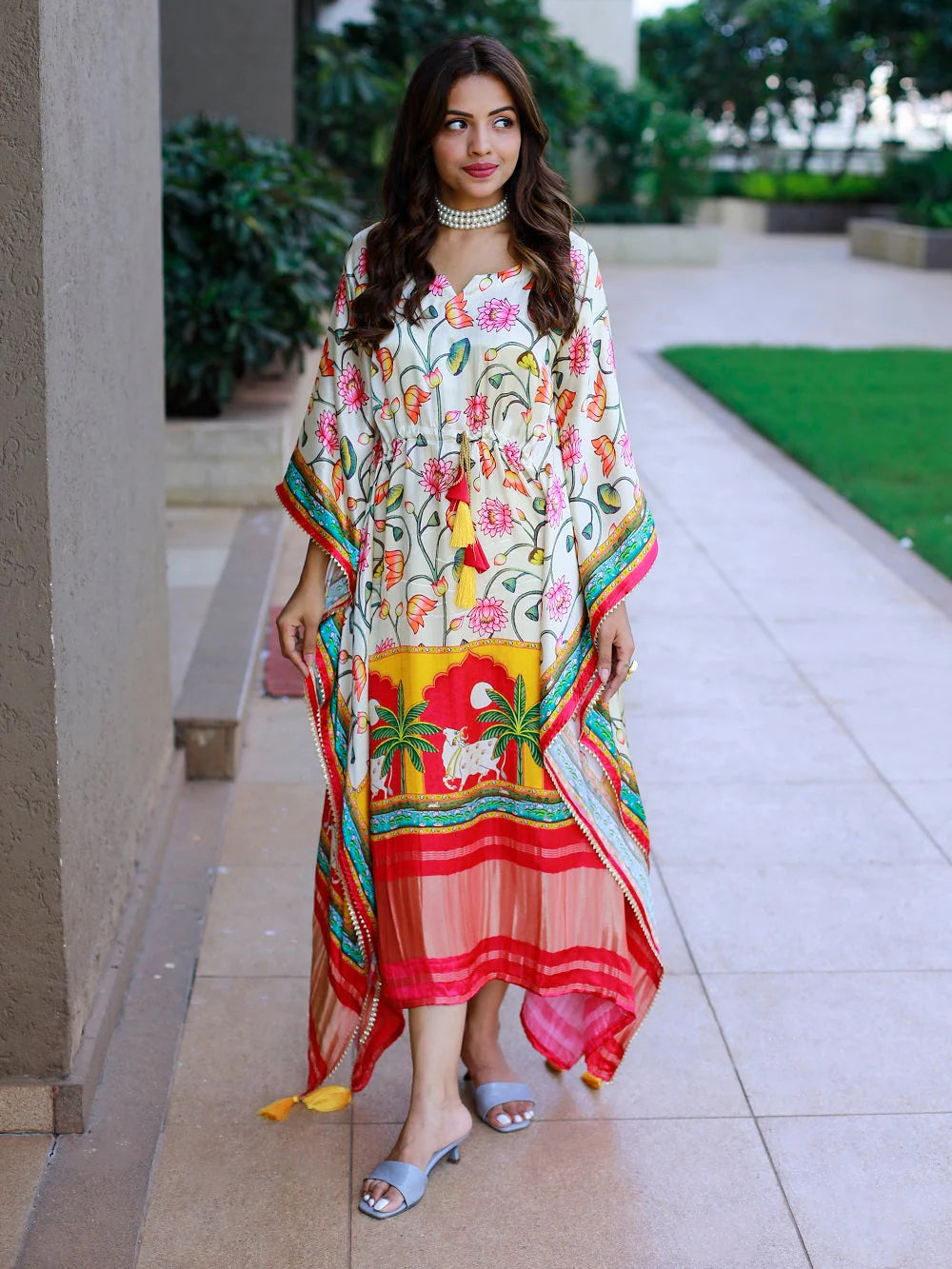 Pichwai-Inspired Pure Gaji Silk Kaftan with Bandhej Print & Floral Lotus Motifs