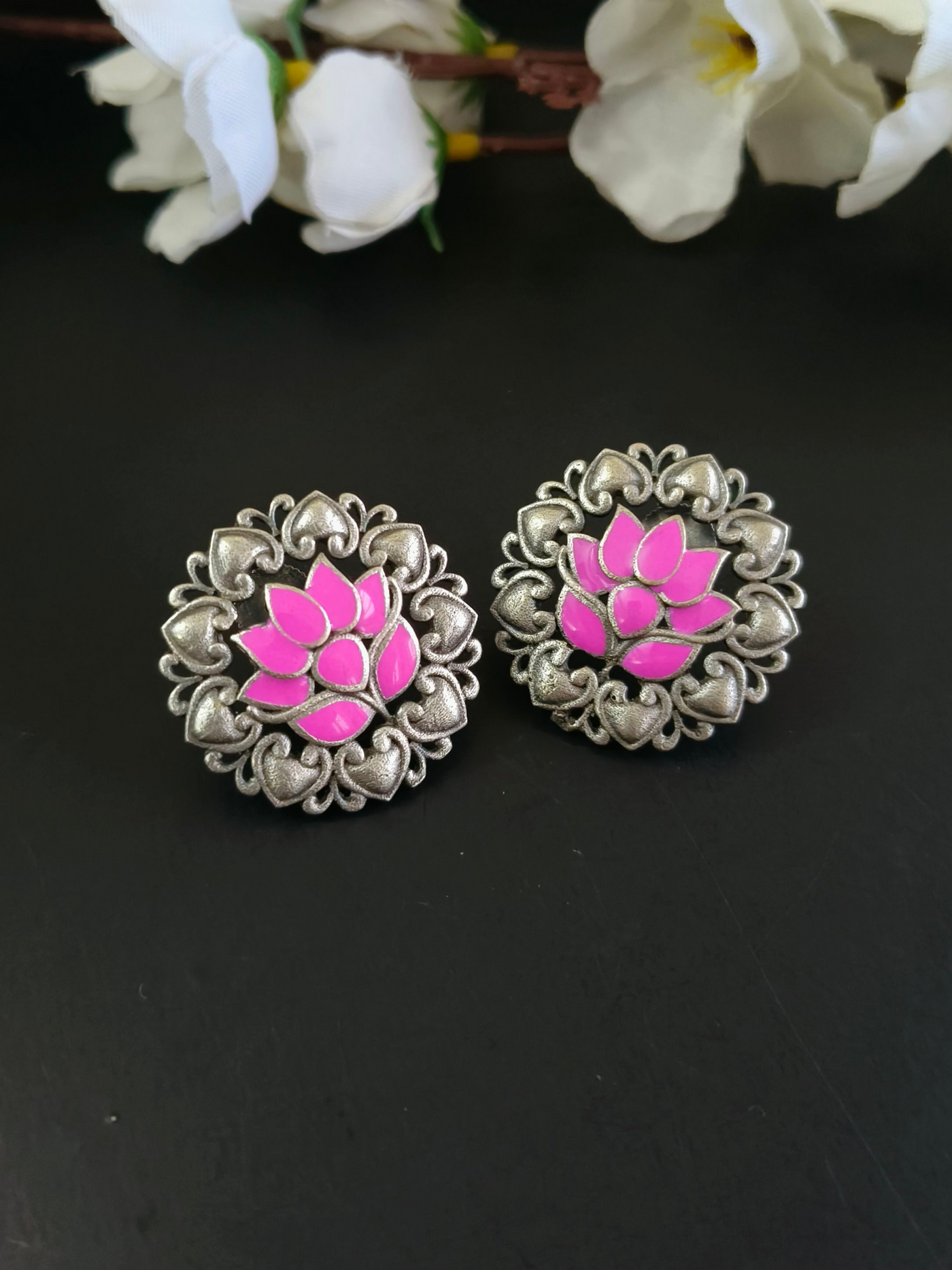 Antique Oxidized Silver Lotus Stud Earrings