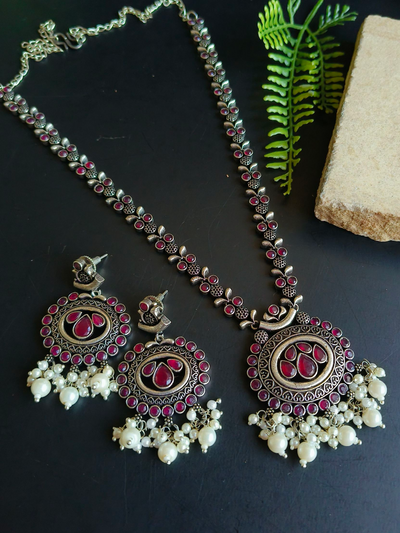 Oxidized Silver Plated Pearl Drop Necklace Set