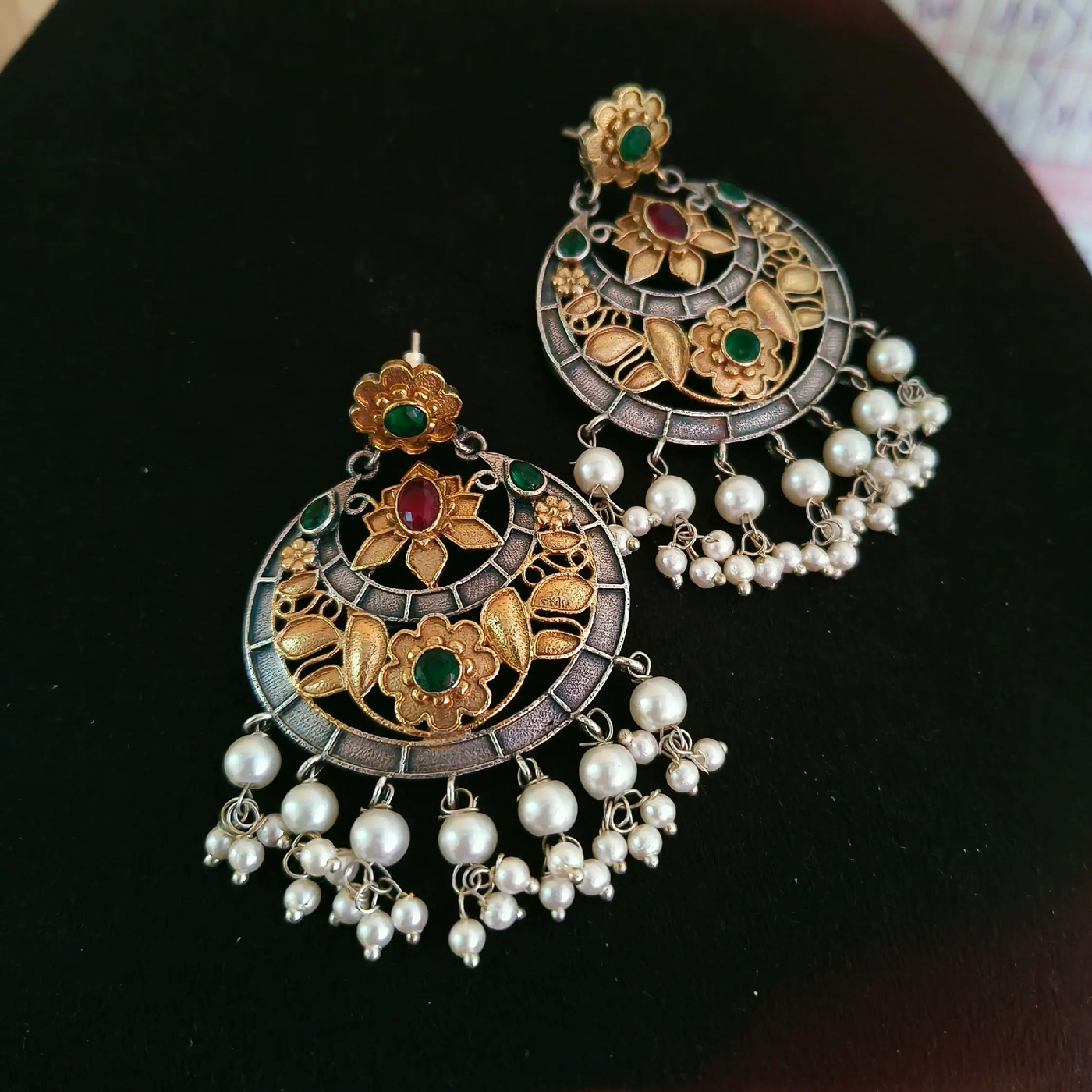 Antique Dual-Tone Floral Ruby Dangler Earrings