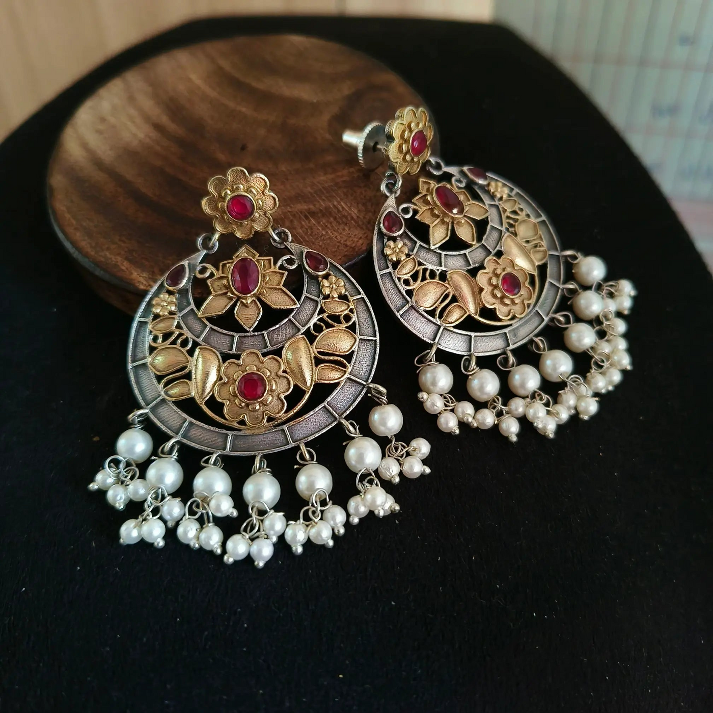 Antique Dual-Tone Floral Ruby Dangler Earrings