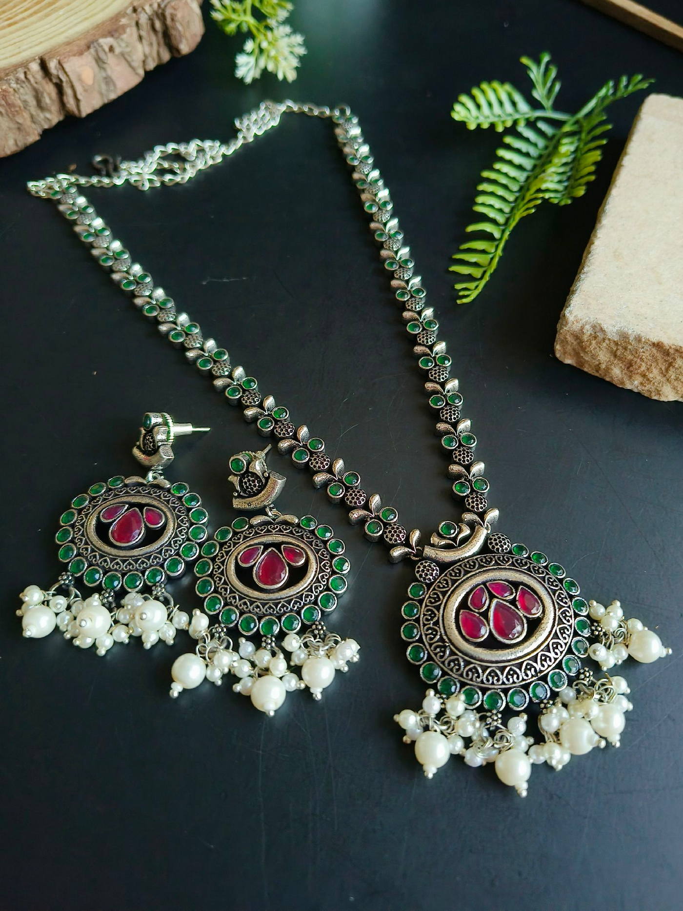 Oxidized Silver Plated Pearl Drop Necklace Set