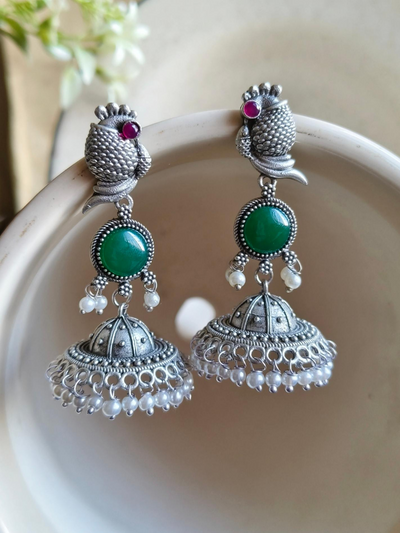 Antique Oxidized Silver Plated Brass Earrings with Pearl
