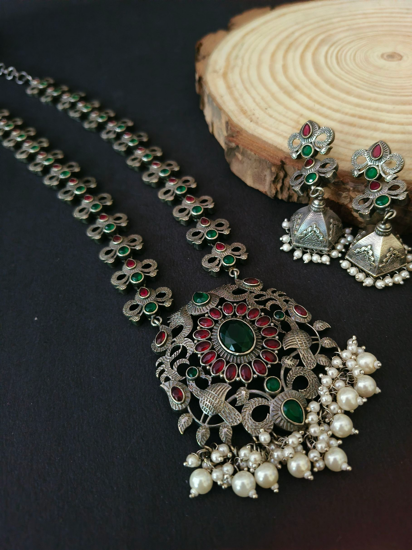 Oxidized Silver Plated Antique Pearl Necklace Set