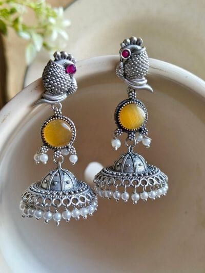 Antique Oxidized Silver Plated Brass Earrings with Pearl