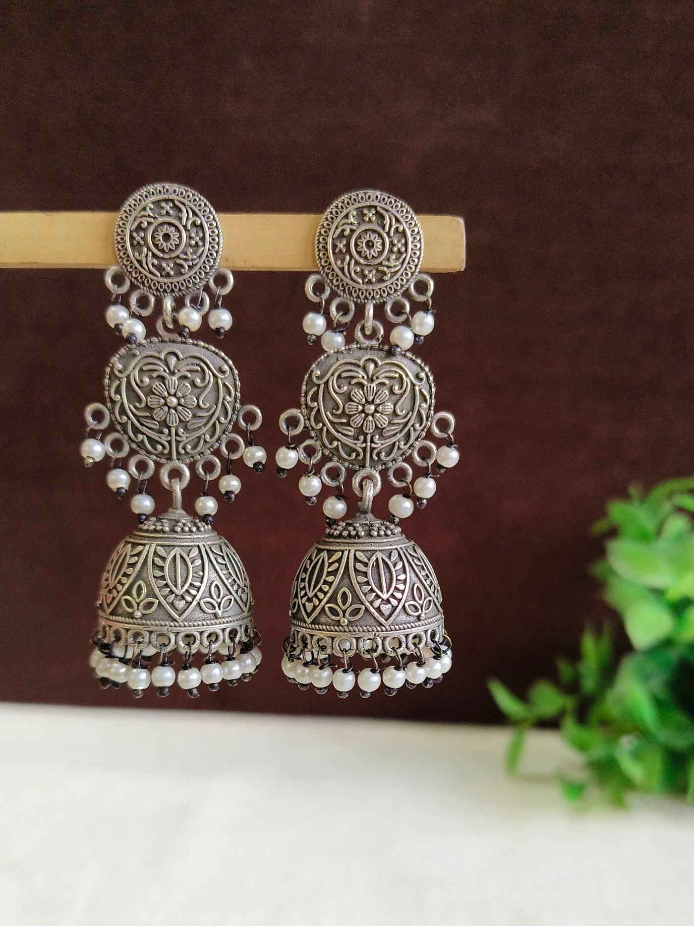Oxidized Silver Plated Floral Dome Jhumkas