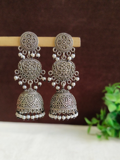 Oxidized Silver Plated Floral Dome Jhumkas