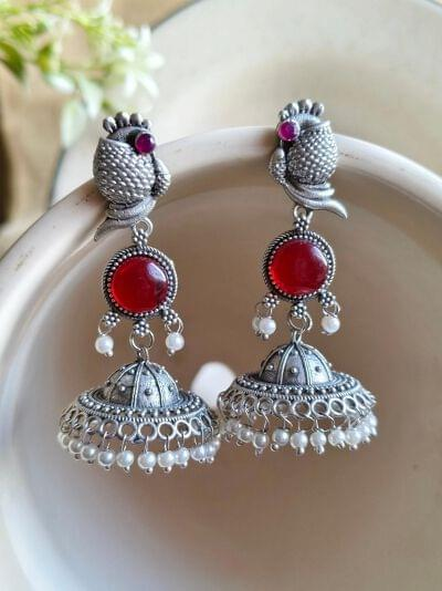 Antique Oxidized Silver Plated Brass Earrings with Pearl