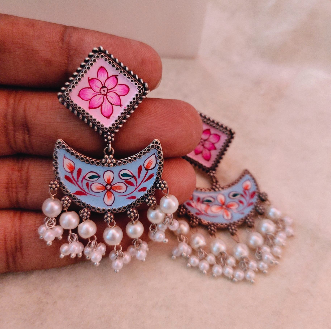 Silver Hand-Painted Crescent Pearl Earrings