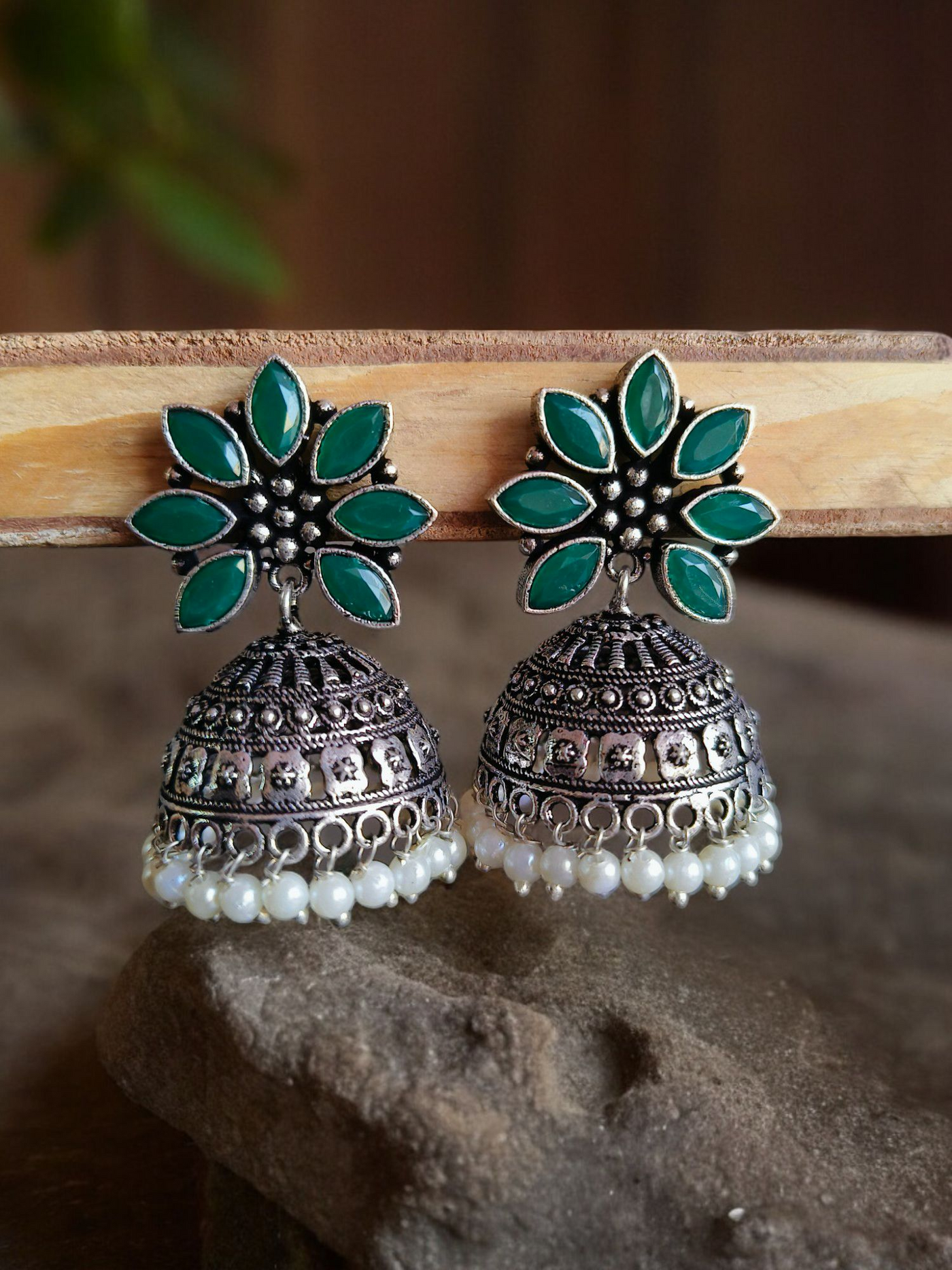 Oxidized Silver Plated Floral Dome Earrings