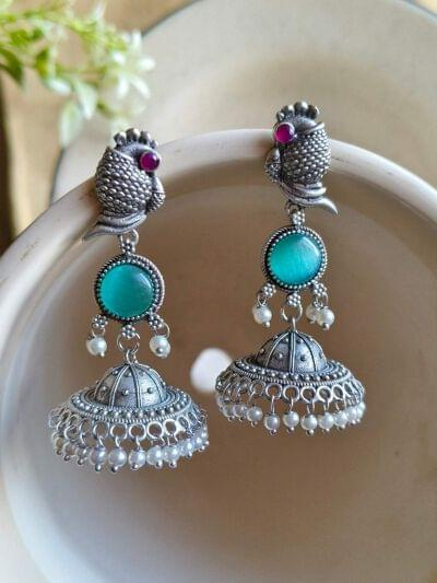 Antique Oxidized Silver Plated Brass Earrings with Pearl