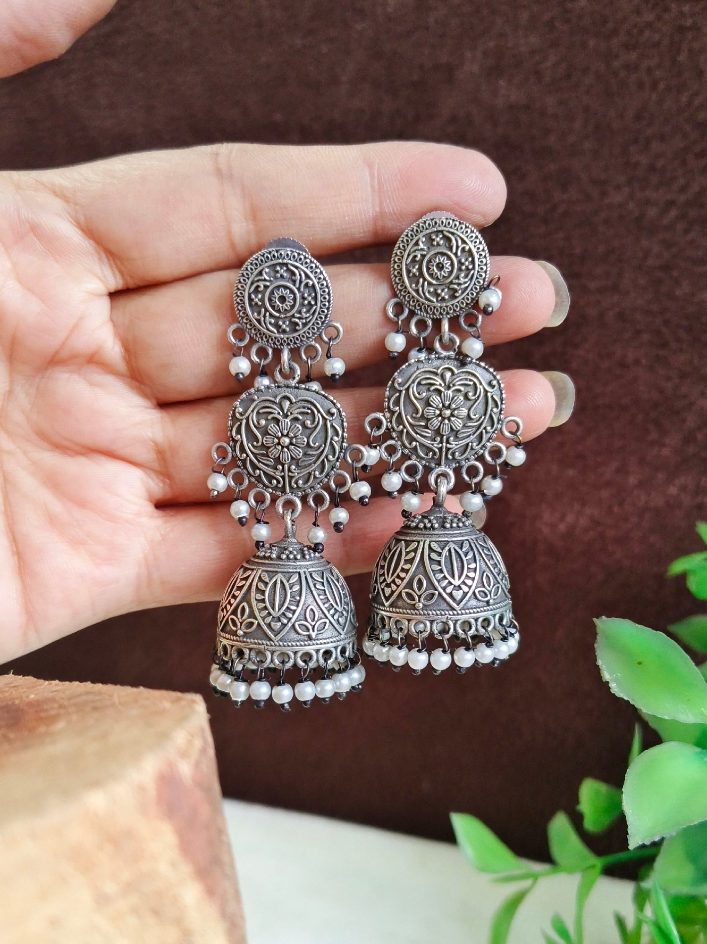 Oxidized Silver Plated Floral Dome Jhumkas