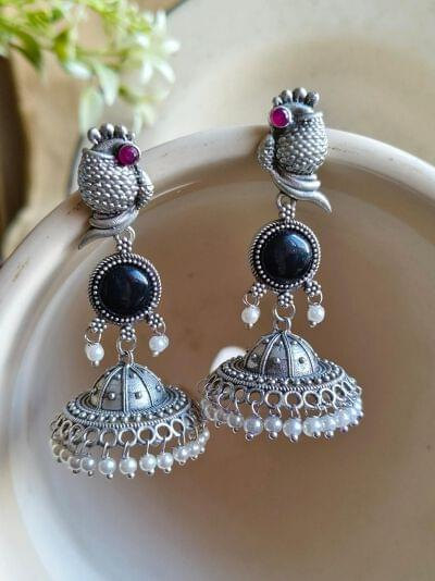 Antique Oxidized Silver Plated Brass Earrings with Pearl
