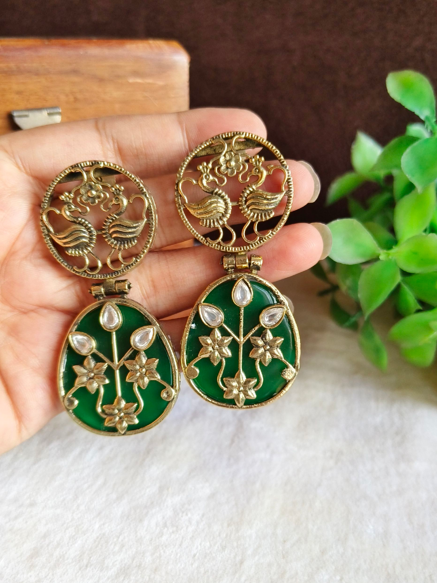 Antique Gold Plated Peacock & Floral Drop Earrings
